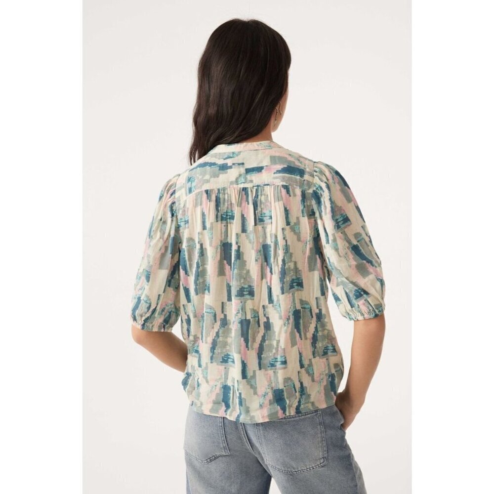 ba&sh Colorful Batik Retro Puff Sleeve V-Neck Blouse Top Feminine size Medium - Picture 4 of 13